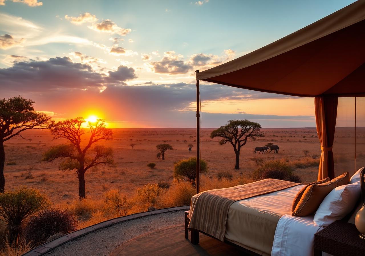 Sunset over the Serengeti plains with acacia trees, Tanzania