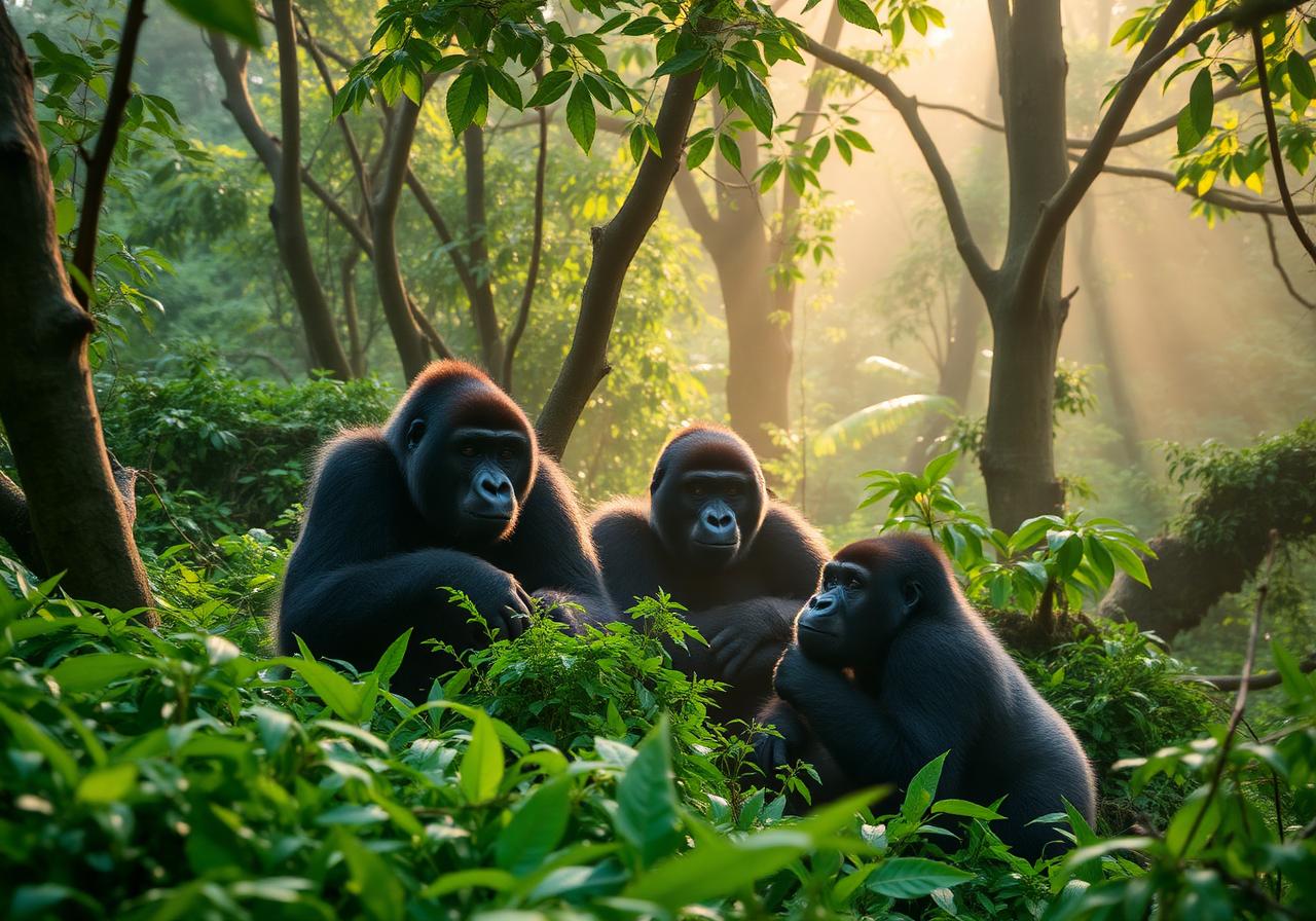 Mountain gorillas in lush green forest, Uganda