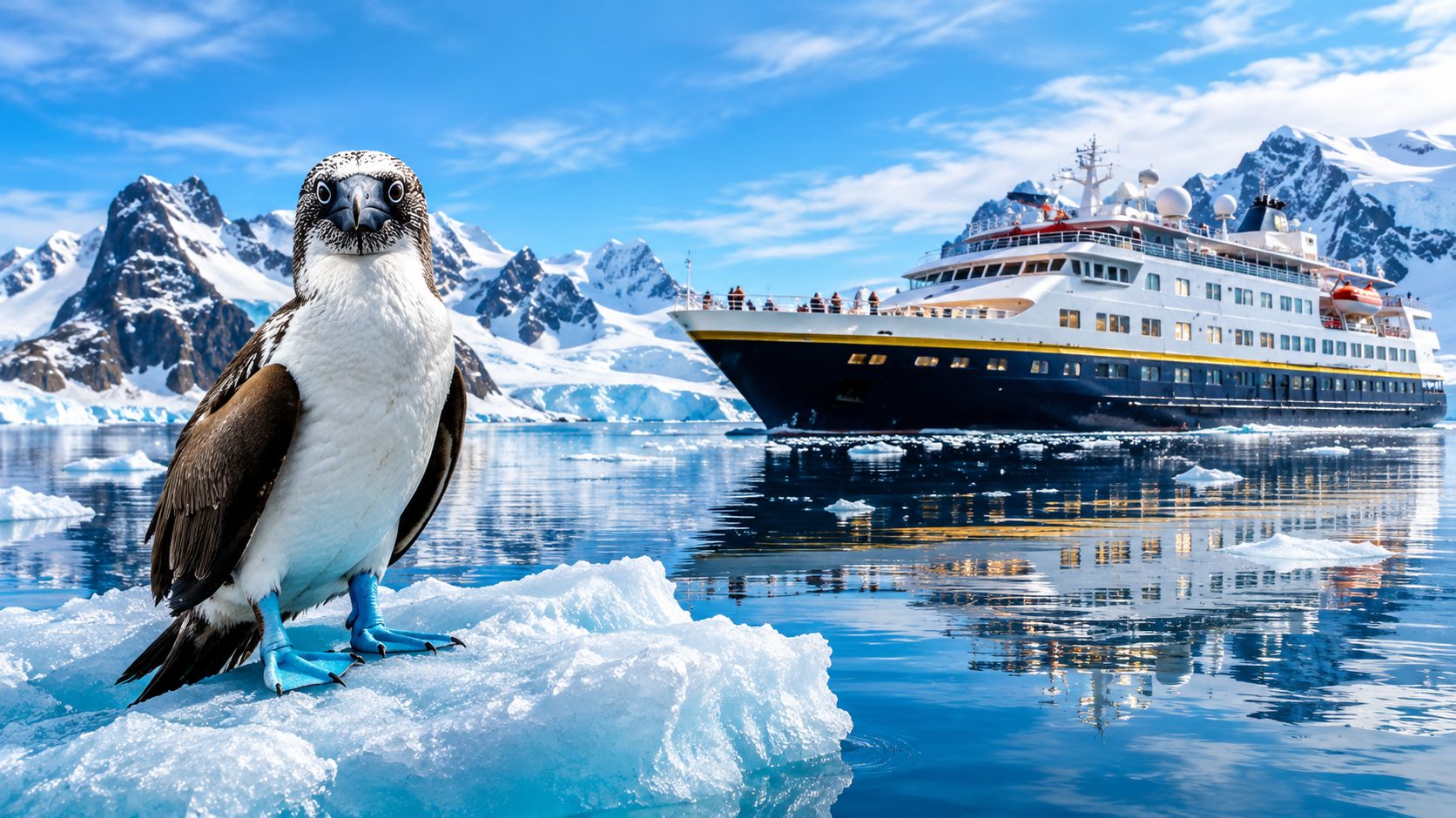 Blue-footed booby on ice with a Lindblad expedition ship in the background