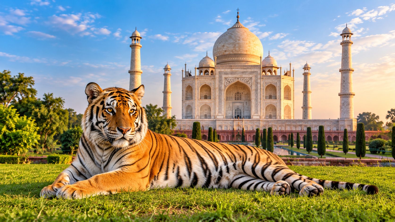 Bengal tiger resting on the lawn in front of the Taj Mahal