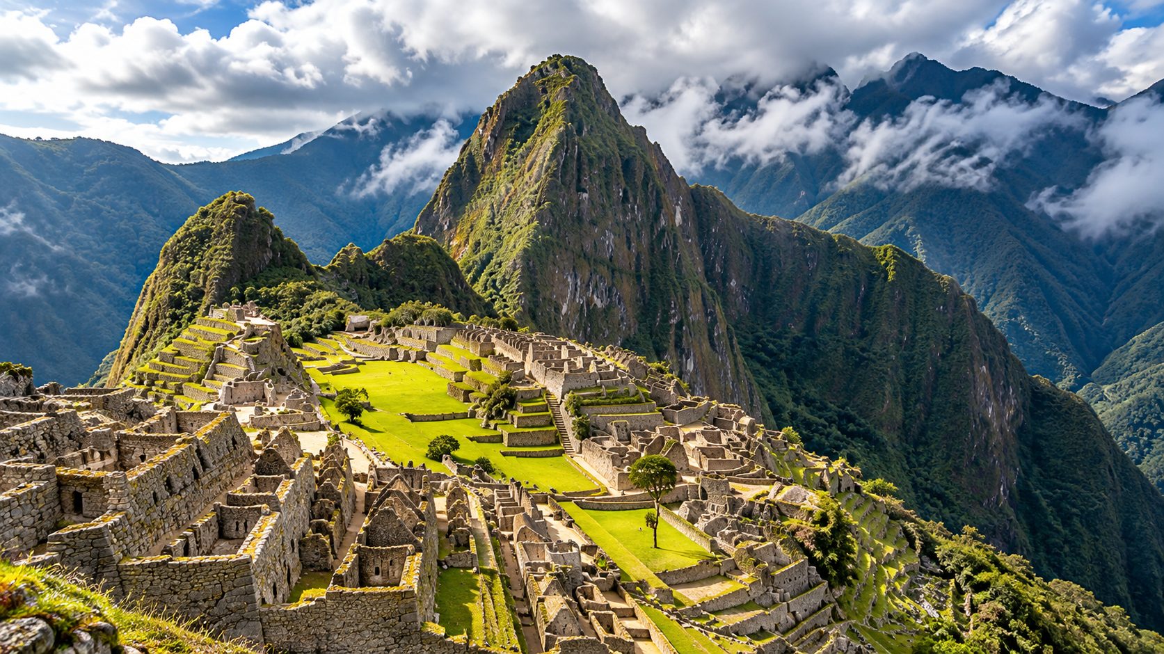 Machu Picchu ruins with Huayna Picchu and cloud-covered Andes