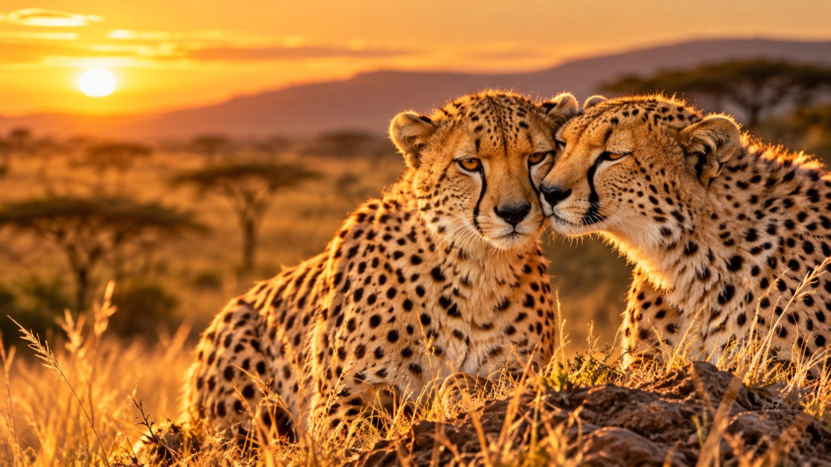 Two cheetahs at sunset on the Serengeti plains in Tanzania