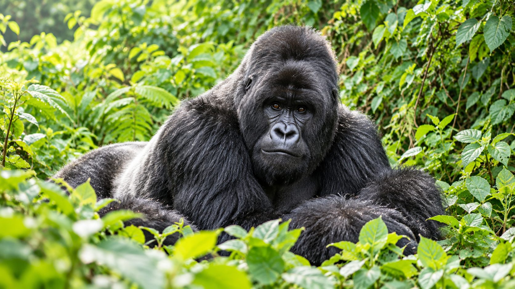Mountain gorilla resting in dense green forest in Uganda